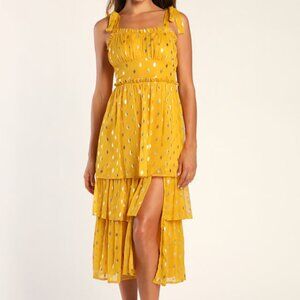 Lulus Celebration Chic Yellow Polka Dot Tie-strap Tiered Dress - Size S